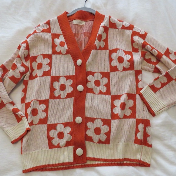 By Together Sweaters - By Together Orange and Cream Checkered Cardigan
